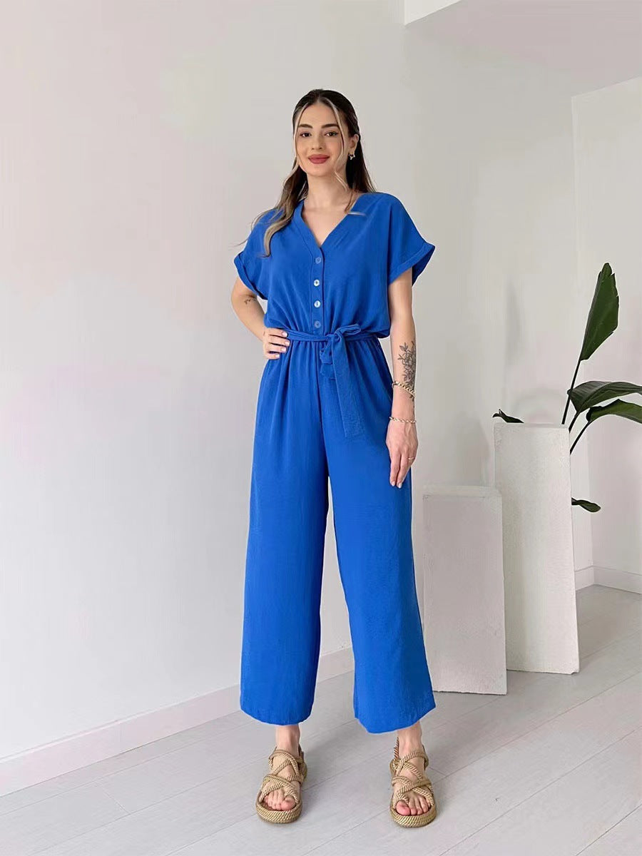 🌸 Lässiger Damen Overall mit V-Ausschnitt und kurzen Ärmeln