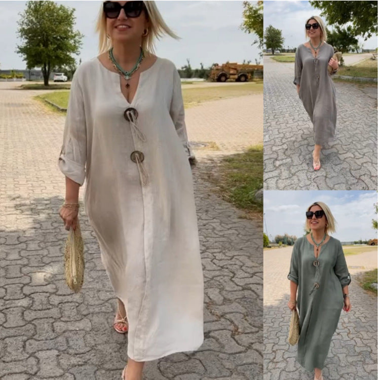 👗50% rabatt✨Lässiges Kleid mit V-Ausschnitt aus Baumwolle und Leinen