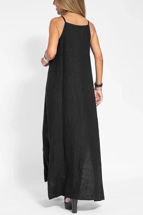 🔥Lässiges, einfarbiges, ärmelloses Neckholder-Leinenkleid für Damen