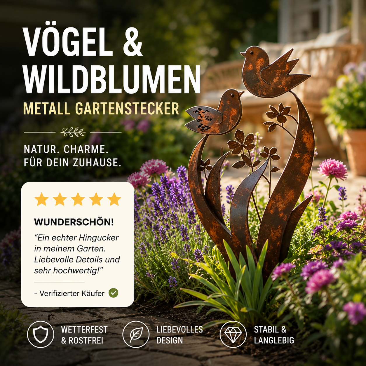 📢📢50 % Rabatt!!🥳💞 2+1 GRATIS!! 🏡 Rustikaler Gartenstecker aus Metall – Muster: Vögel und Blumen 🕊️