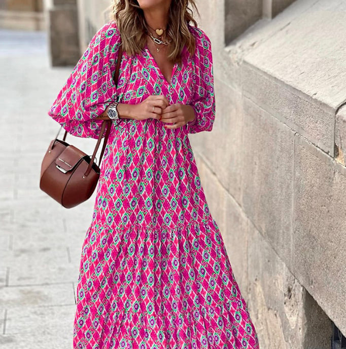 🌸Große Preisreduzierung🌸 Elegantes Damen-Boho-Maxikleid mit Puffärmeln und Blumenmuster