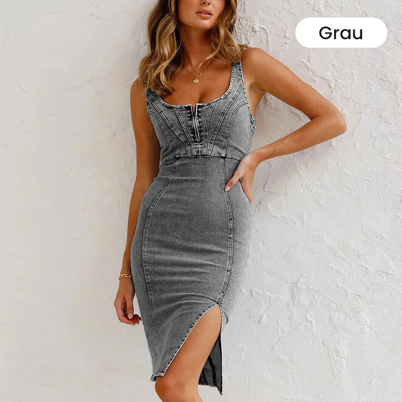 🌷Frühling Vorverkauf 50% Rabatt🍃Denim U-Ausschnitt Neckholder-Kleid mit Schlitz und verstellbaren Schulterträgern