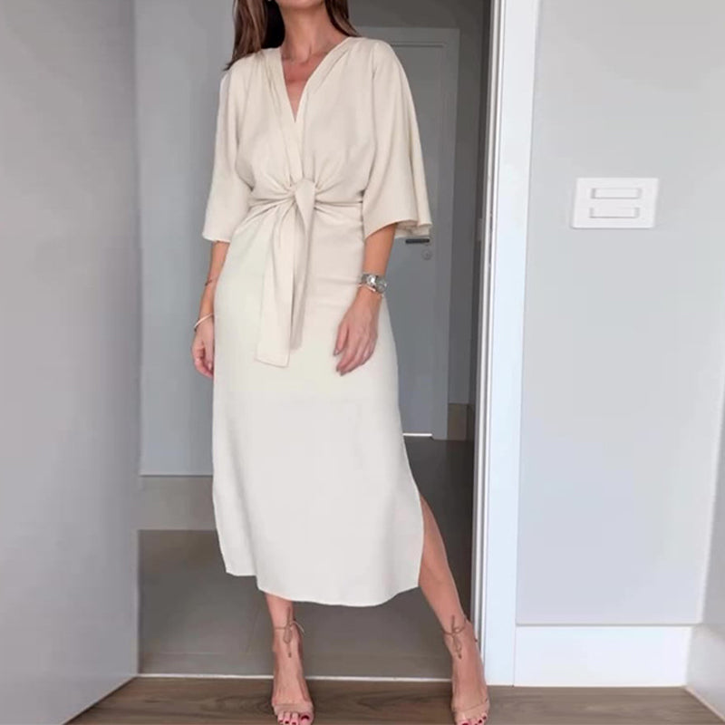 kostenloser Versand🌸50% Rabatt🔥Elegantes Damenkleid mit Taillenschnürung und seitlichem Schlitz und V-Ausschnitt
