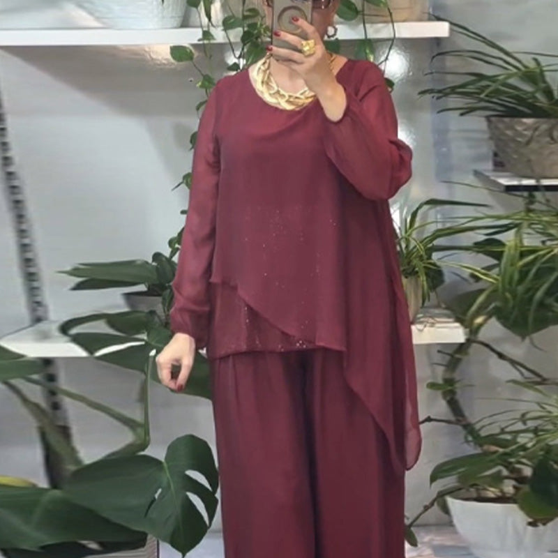 2-teiliges Set aus Paillettenbluse und weit geschnittener Hose für Damen