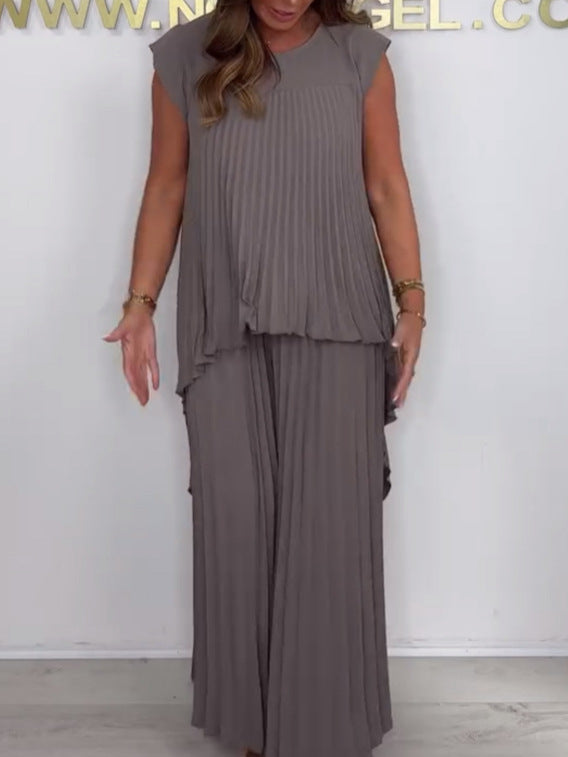 ✨Schneller Verkauf 50 % Rabatt🌸Laney Set aus plissiertem, kurzärmligem, unregelmäßigem Midi-Top und Hose mit weitem Bein und elastischer Taille