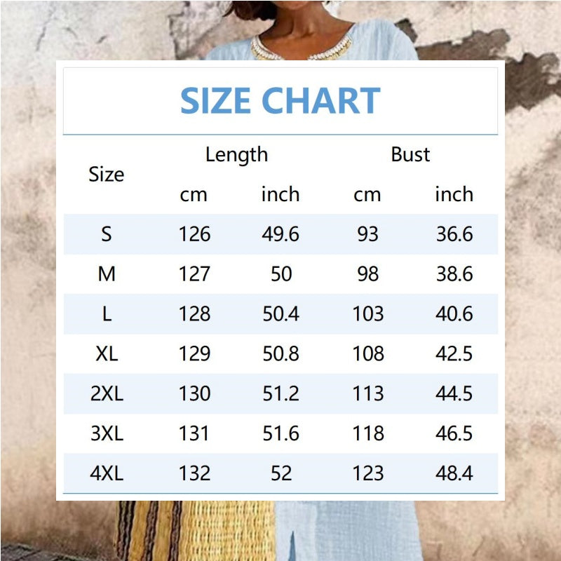 Damen lässiges lockeres Kleid aus Baumwoll-Leinen mit Stickerei und Schlitz