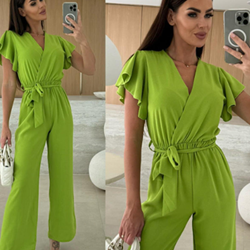 💕Damen einfarbiger Jumpsuit mit V-Ausschnitt, Rüschenärmeln und weitem Bein