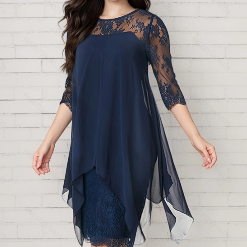 đDamen elegantes Kleid mit SpitzenĂŒberzug und asymmetrischem Saum