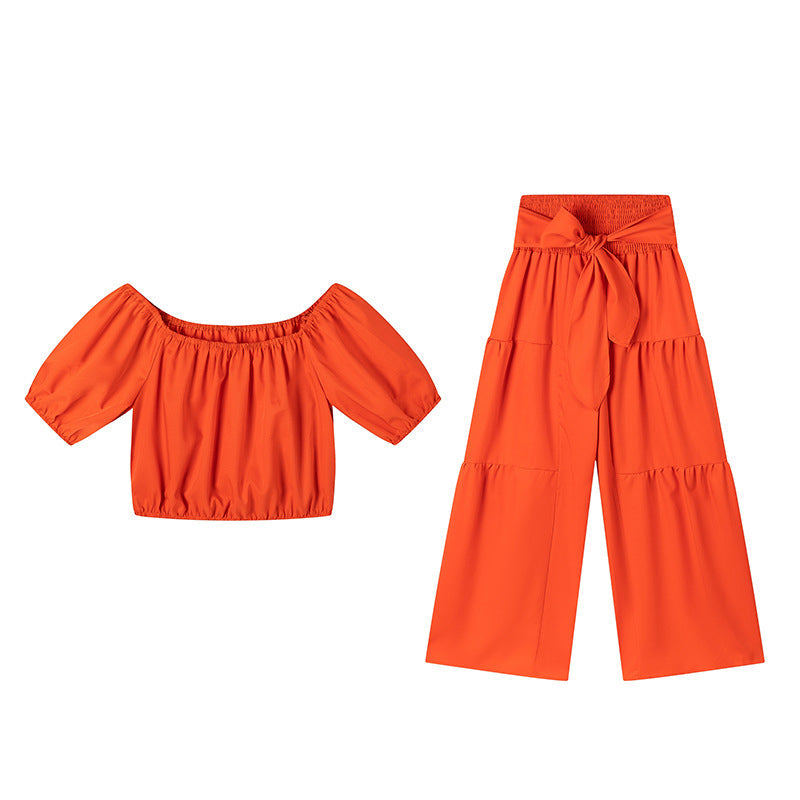 đDamen zweiteiliges Set: Schulterfreies Oberteil mit PuffĂ€rmeln und Weitbeinhose
