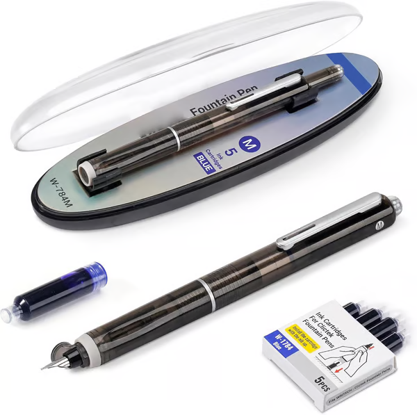 🏆50% zeitlich begrenzter Rabatt🖊️Füllfederhalter,Stift, einziehbar: 0,38 mm, blaue und schwarze Tinte, transparenter Schaft, inkl. 5 nachfüllbaren Tintenpatronen