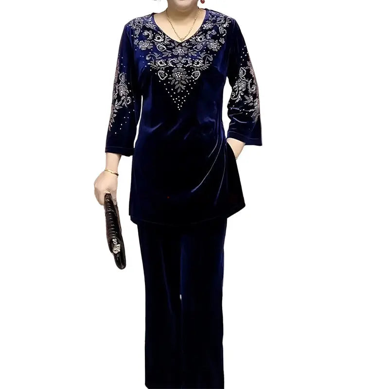 ✨ Elegantes 2-teiliges Samt-Set mit Kristallverzierungen | Perfekt für Büro, Abendessen & Feiern | Atmungsaktiv & Bequem | In Übergrößen XL-4XL verfügbar 👗💎