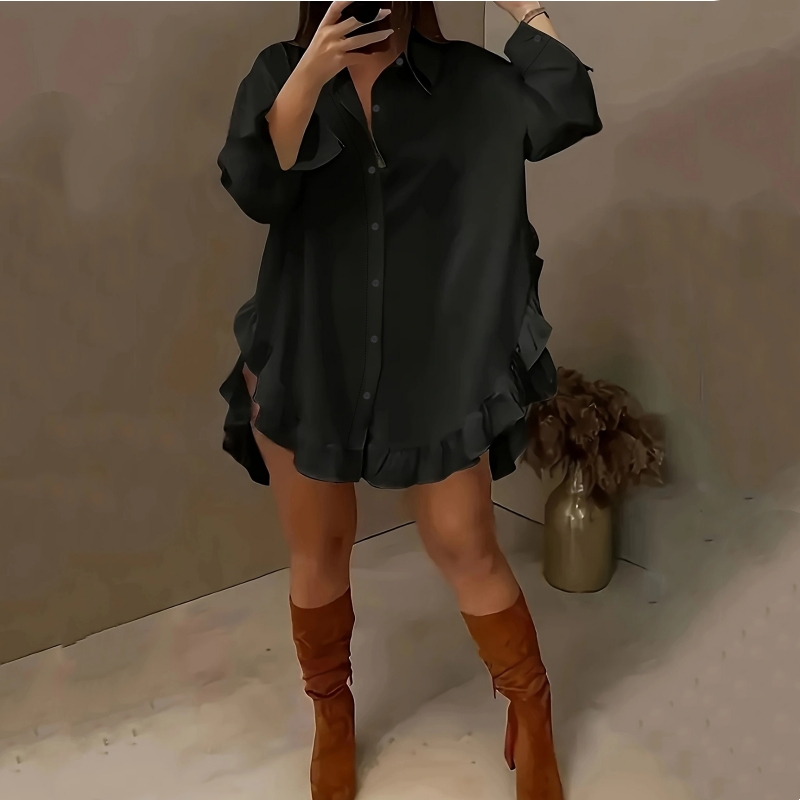 🔥Zeitlich begrenztes Angebot-Oversized-Minikleid für Damen mit Knopfleiste und Rüschen am Saum