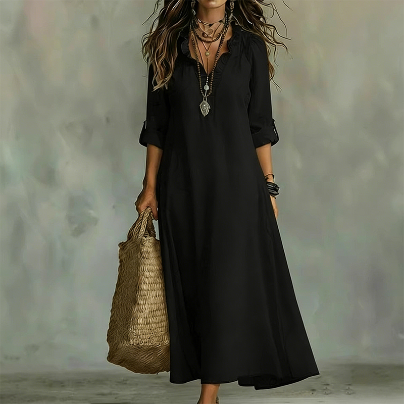 Böhmisches Maxikleid mit Rüschen und V-Ausschnitt