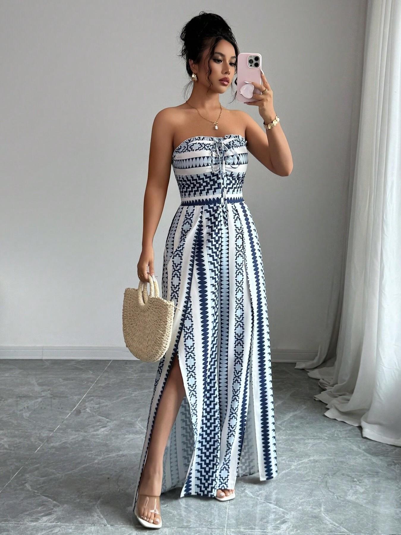 👗💙 Geometrischer Jumpsuit mit Halter-Ausschnitt & Seitenschlitz – 50% RABATT! Perfekt für Strand, Büro & Abend. 🔥✨