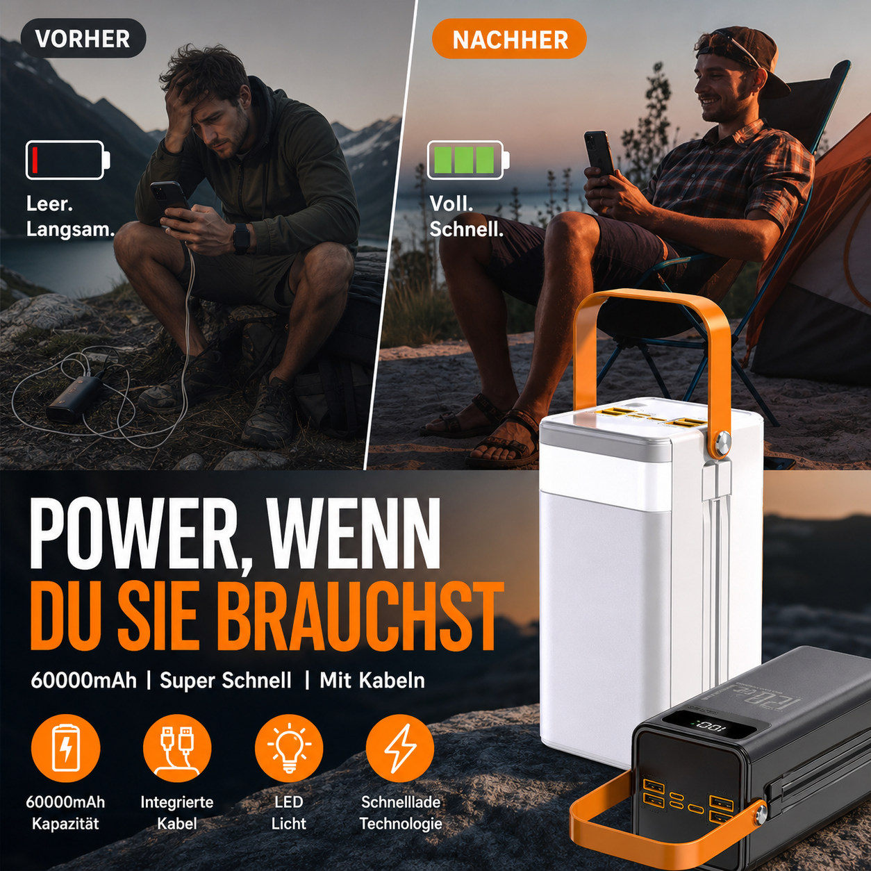 📢📢 50 % RABATT !! ⏰🔋 Hochkapazitäts-Powerbank mit 60.000 mAh und LED-Licht