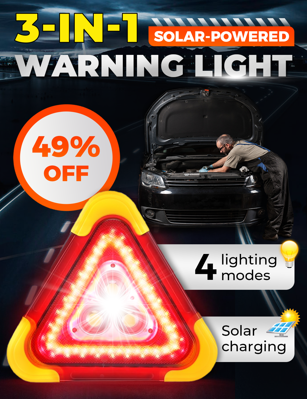 🔥2025 New Arrival🔥 3-IN-1 Solar Emergency Triangle Warning Light at the Roadside