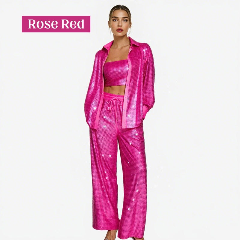 ✨Sequin Blazer And Wide Trousers For Women (3-piece Set)