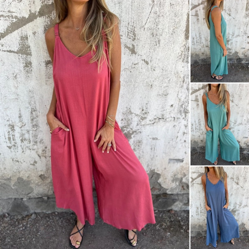 💧Lässiger Damen-Jumpsuit aus Baumwoll-Leinen-Mix mit Taschen und verstellbaren Trägern in lockerer Passform