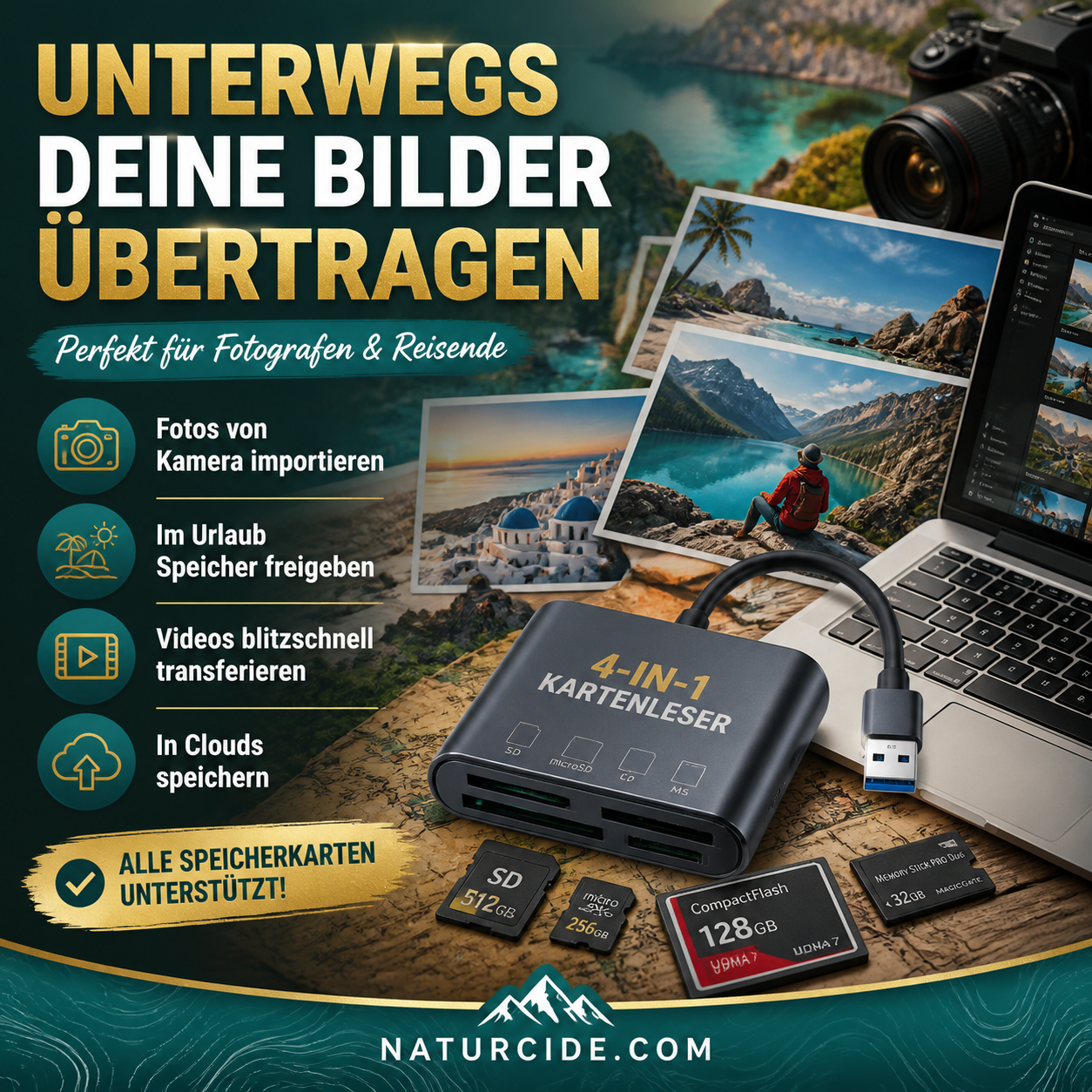 🛍️  3-in-1 Speicherkartenleser für Handy & Tablet – USB-C, Lightning, USB-A – Plug & Play für iPhone , Android, PC & Mac 📱