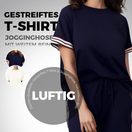 👗👗Damen-Zweiteiler: Gestreiftes T-Shirt & Jogginghose mit weitem Bein