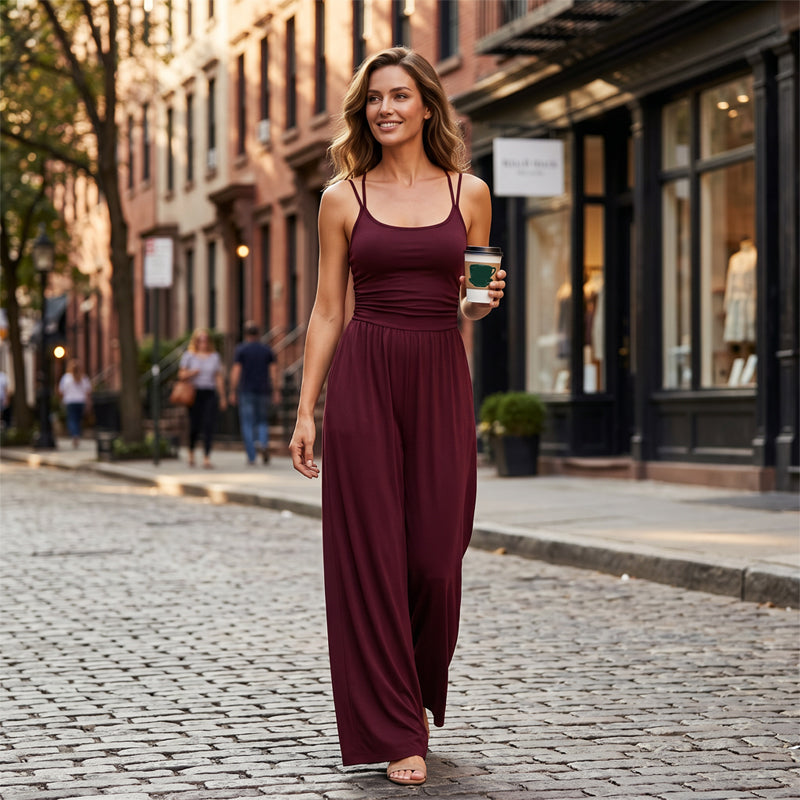 ☀️ Damen Sommer-Jumpsuit – Spaghettiträger, geraffte Taille, weites Bein, atmungsaktiv & figurbetont, S–XL