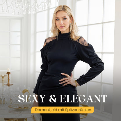 👗Damen elegantes Midikleid mit Stehkragen und Spitzen-Detail am Rücken