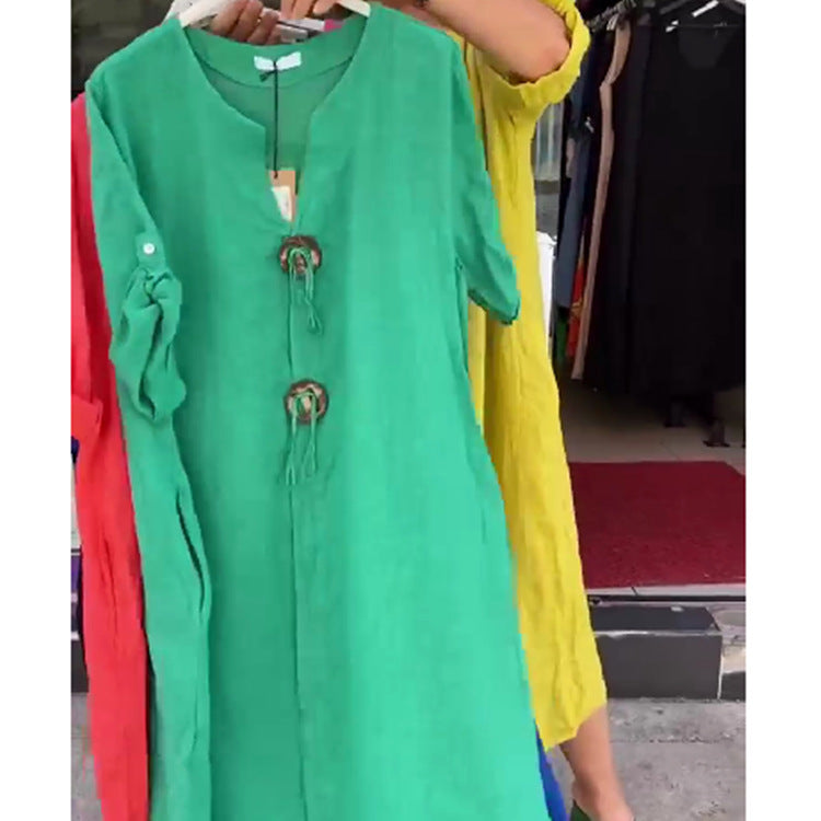 👗50% rabatt✨Lässiges Kleid mit V-Ausschnitt aus Baumwolle und Leinen