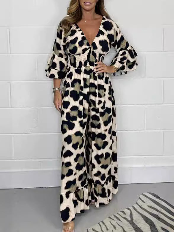 🔥🍃Jumpsuit mit V-Ausschnitt und Leopardenmuster