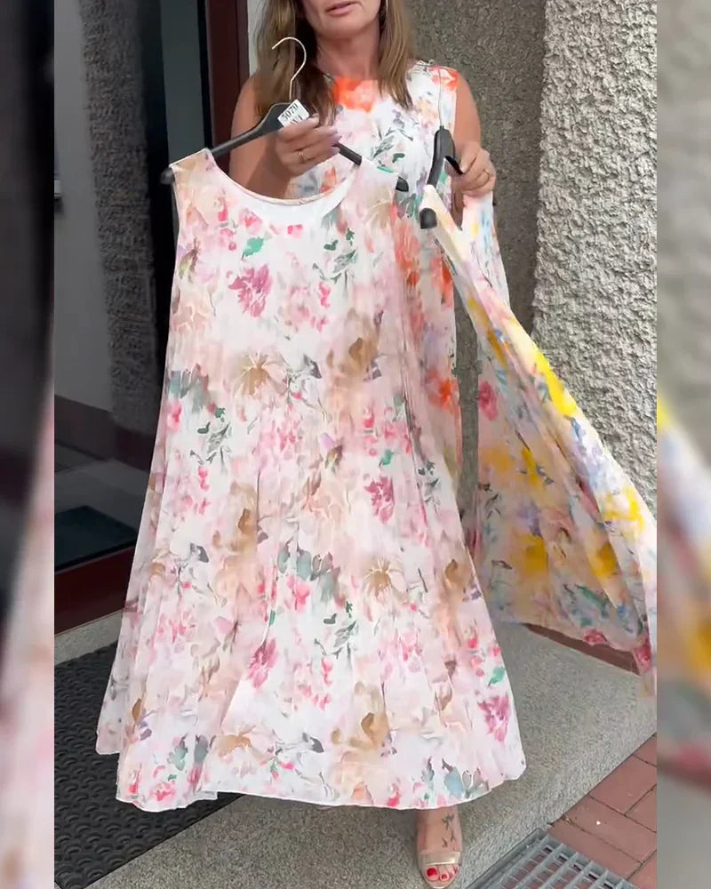 🌞Frühlingserwachen: 50% Rabatt!✨ Damen Ärmelloses Plissé-Midikleid mit Blumenprint