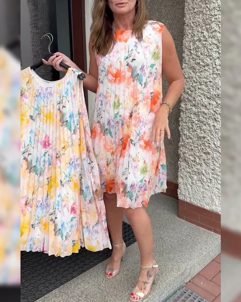 🌞Frühlingserwachen: 50% Rabatt!✨ Damen Ärmelloses Plissé-Midikleid mit Blumenprint