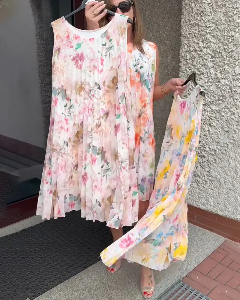 🌞Frühlingserwachen: 50% Rabatt!✨ Damen Ärmelloses Plissé-Midikleid mit Blumenprint
