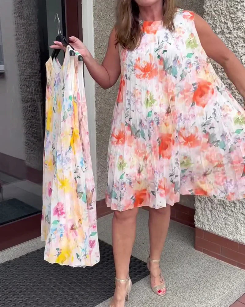 🌞Frühlingserwachen: 50% Rabatt!✨ Damen Ärmelloses Plissé-Midikleid mit Blumenprint