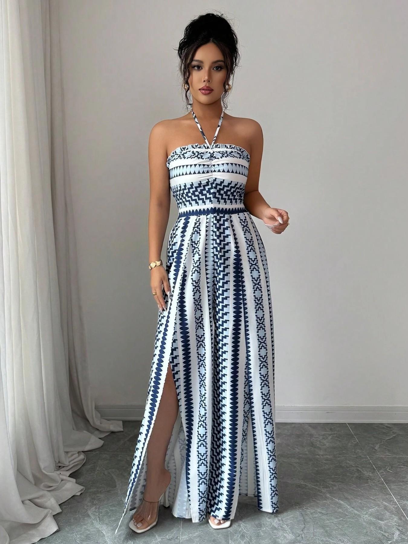 👗💙 Geometrischer Jumpsuit mit Halter-Ausschnitt & Seitenschlitz – 50% RABATT! Perfekt für Strand, Büro & Abend. 🔥✨