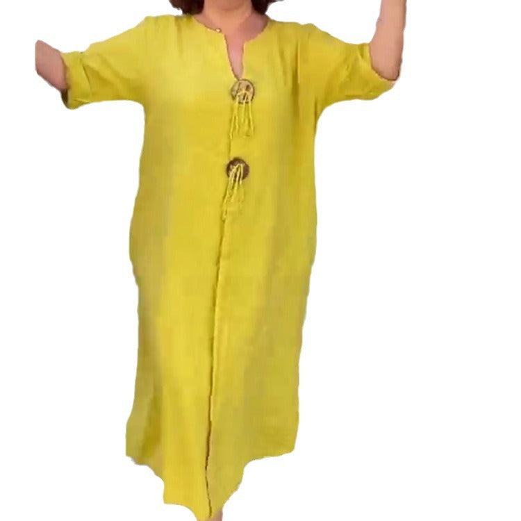 👗50% rabatt✨Lässiges Kleid mit V-Ausschnitt aus Baumwolle und Leinen