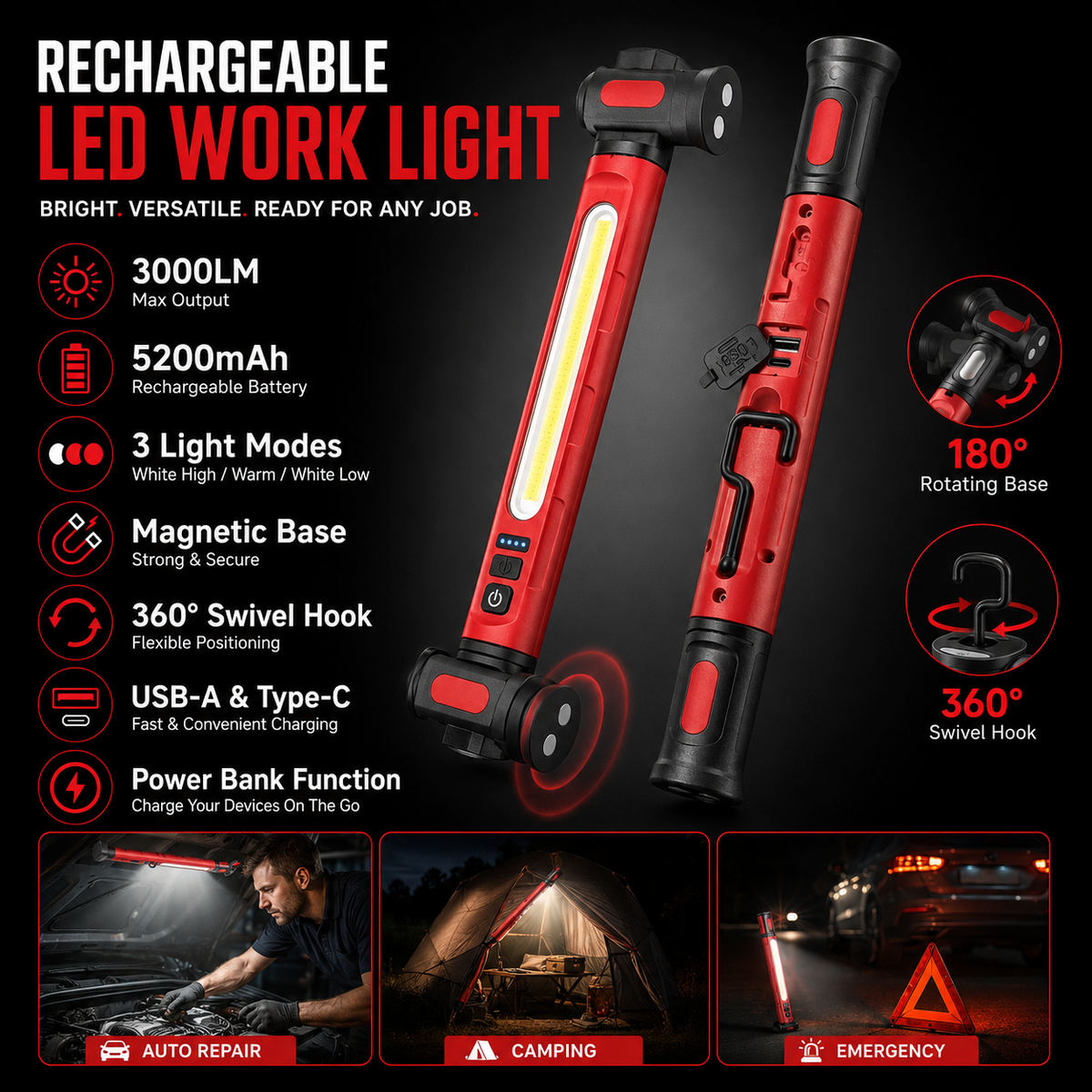 Wiederaufladbare LED-Arbeitsleuchte – 3000 LM, tragbare Werkstattleuchte mit Magnetbefestigung, 360°-Drehbarkeit und Powerbank-Funktion 🔦