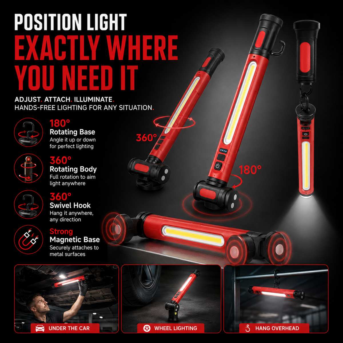 Wiederaufladbare LED-Arbeitsleuchte – 3000 LM, tragbare Werkstattleuchte mit Magnetbefestigung, 360°-Drehbarkeit und Powerbank-Funktion 🔦
