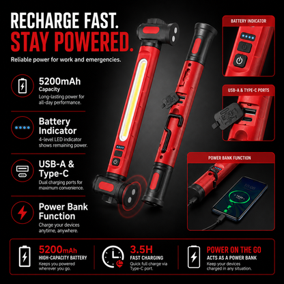 Wiederaufladbare LED-Arbeitsleuchte – 3000 LM, tragbare Werkstattleuchte mit Magnetbefestigung, 360°-Drehbarkeit und Powerbank-Funktion 🔦