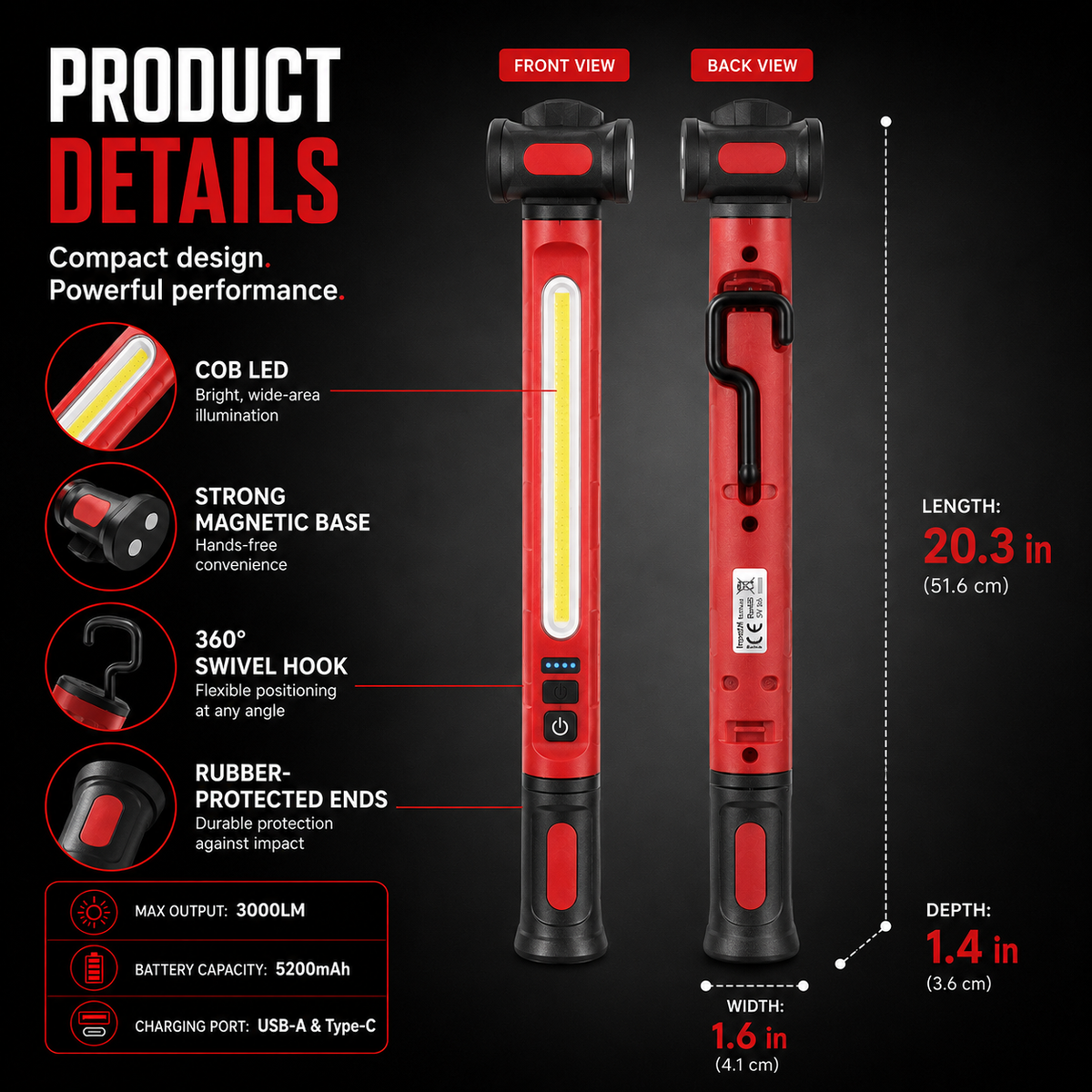Wiederaufladbare LED-Arbeitsleuchte – 3000 LM, tragbare Werkstattleuchte mit Magnetbefestigung, 360°-Drehbarkeit und Powerbank-Funktion 🔦