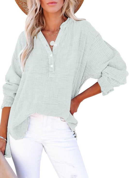 🍀Lässige Damen-Gaze-Blusen mit Knopfleiste und langen Ärmeln in Übergröße