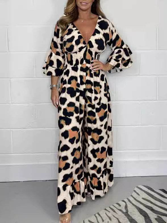 🔥🍃Jumpsuit mit V-Ausschnitt und Leopardenmuster