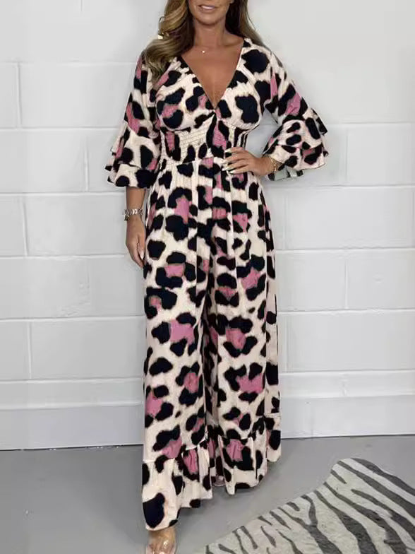 🔥🍃Jumpsuit mit V-Ausschnitt und Leopardenmuster