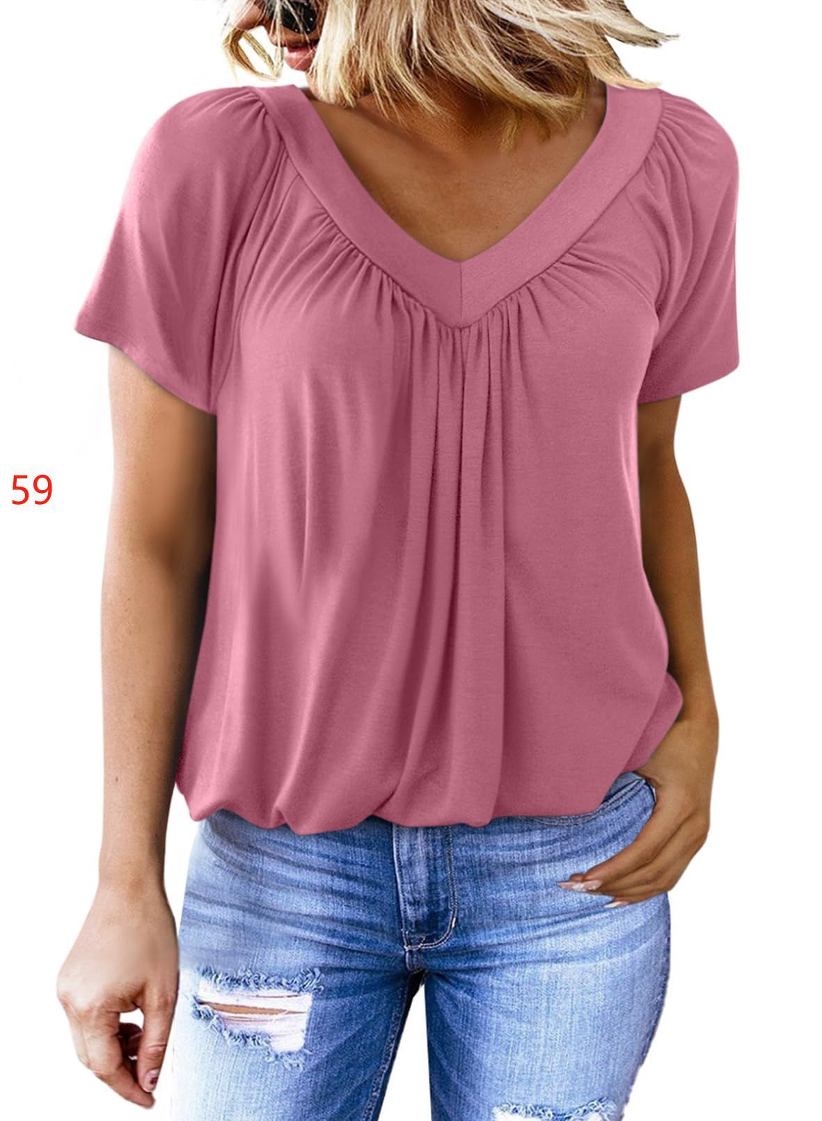 Kaufen Sie 2 gratis Versand🎁Lässiges Damen-Top mit plissiertem V-Ausschnitt und kurzen Ärmeln👚