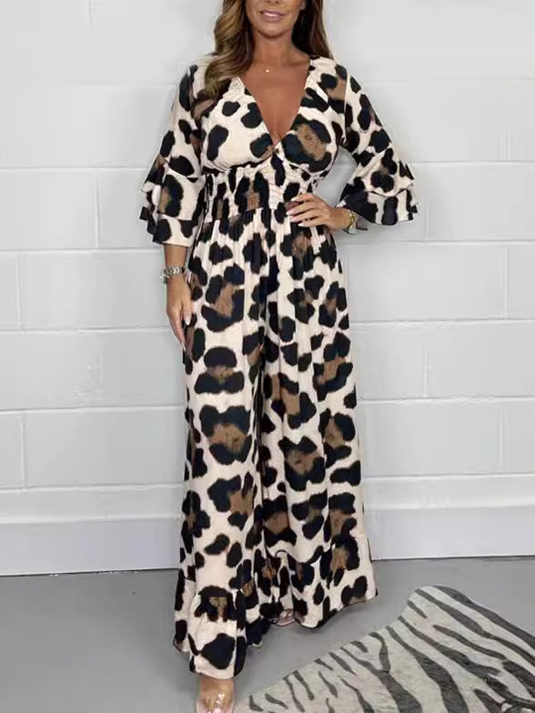🔥🍃Jumpsuit mit V-Ausschnitt und Leopardenmuster
