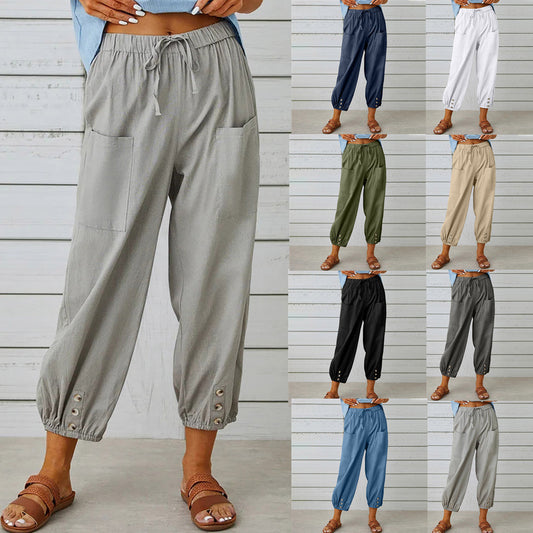 🔥50% rabatt🔥Damenhose aus Baumwoll-Leinen-Mischung mit weitem Bein und lockerer Passform