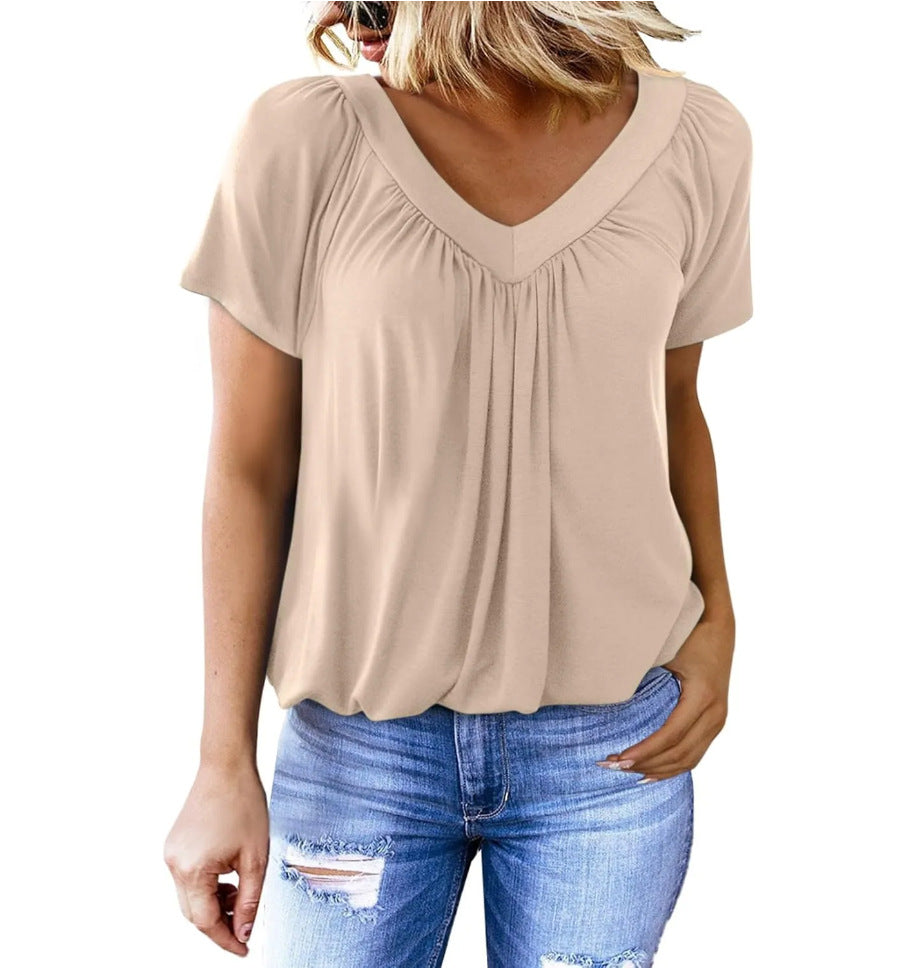 Kaufen Sie 2 gratis Versand🎁Lässiges Damen-Top mit plissiertem V-Ausschnitt und kurzen Ärmeln👚