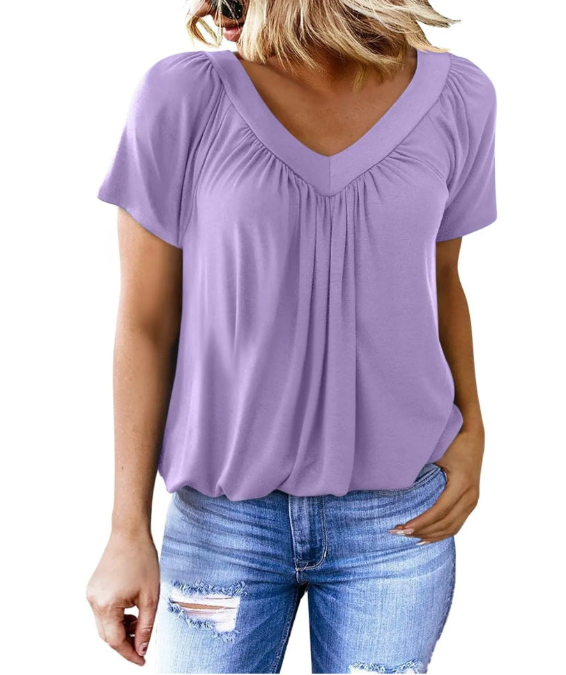 Kaufen Sie 2 gratis Versand🎁Lässiges Damen-Top mit plissiertem V-Ausschnitt und kurzen Ärmeln👚