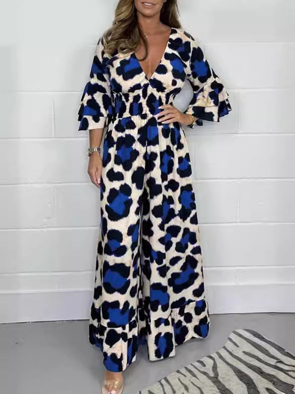 🔥🍃Jumpsuit mit V-Ausschnitt und Leopardenmuster