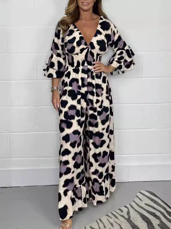 🔥🍃Jumpsuit mit V-Ausschnitt und Leopardenmuster