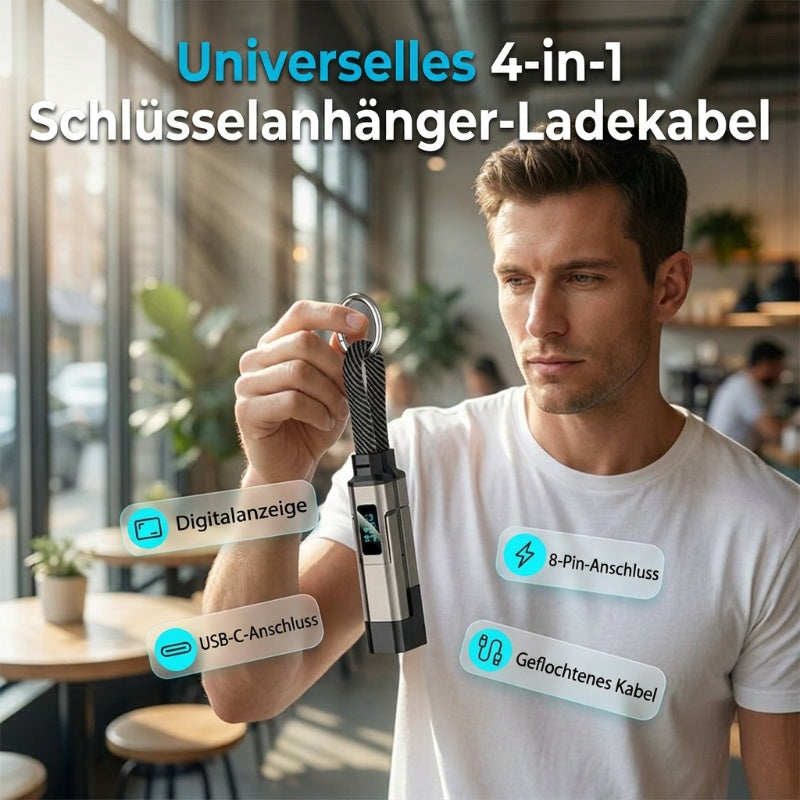 🔌 4-in-1-Ladekabel mit Digitalanzeige und Schlüsselanhänger – Schnellladefunktion, knickfest und kompakt