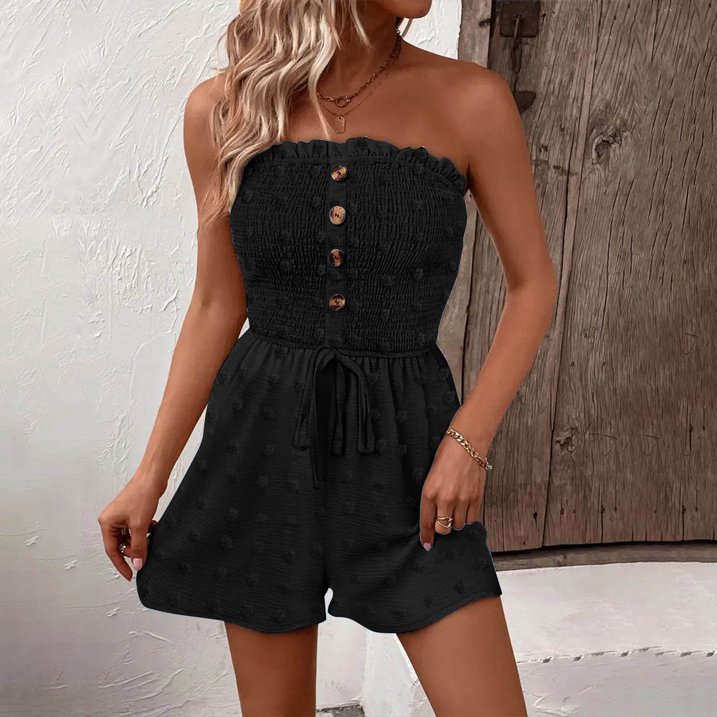 🎉Letzter Tag Promotion 50% OFF💃Frauen trägerlos Rüschenbesatz geraffte Krawatte vorne weites Bein Rohr Romper
